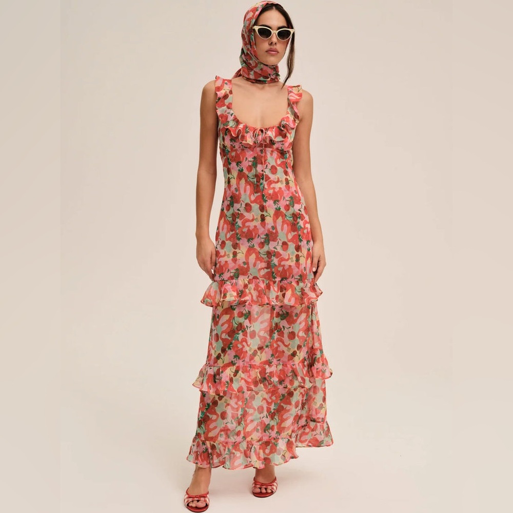 For Love & Lemons Coral Pink Floral Ruffle Maxi Dress